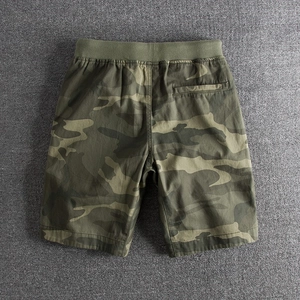 Men's washed cotton camo shorts with elastic waist and cargo pocket back view
