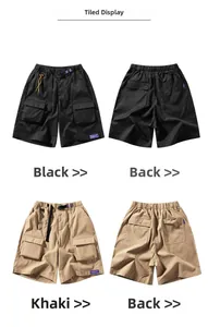Vues détaillées de shorts cargo noirs et kaki avec taille élastique et poches
