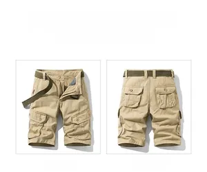 Front and back view of khaki cargo shorts featuring multiple pockets and woven belt