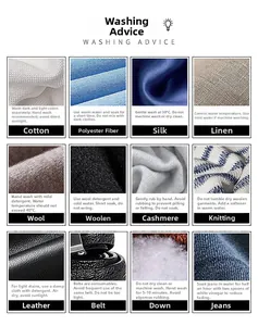 Laundry care guide for denim and various fabrics with washing symbols and instructions