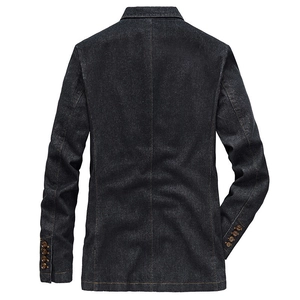 Rear view of dark blue slim fit cotton denim blazer jacket for men with premium stitching