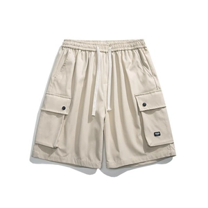 Detail of cargo shorts with elastic drawstring waist and large side pockets with button closure