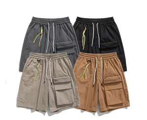 Detailed grid of men's cargo shorts showing drawstrings, pockets and color options