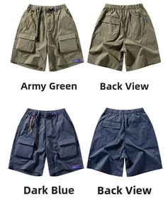 Vue détaillée du short cargo vert armée et bleu marine avec taille élastique et poches cargo