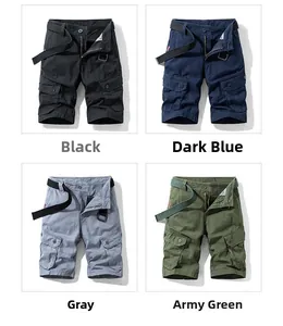 Detail display of men's cargo shorts in black, navy blue, grey, and army green colors