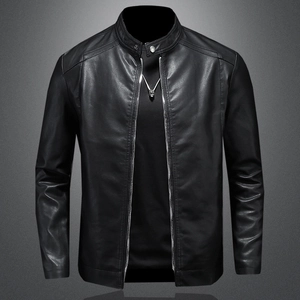 Veste en Cuir PU Homme Coupe Slim Col Montant Fermeture Éclair Décontracté Simili Cuir Doublée Polaire Manteau Automne Hiver