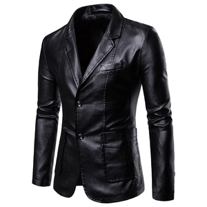 Classic men's black PU leather blazer jacket with notched lapel and two-button closure
