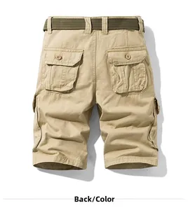 Back view of men's khaki cargo shorts with flap pockets and green woven canvas belt
