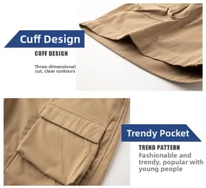 Détail du short cargo kaki montrant les coutures de l'ourlet et le design de la poche