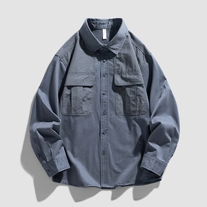 Classic grey-blue long-sleeve cotton work shirt with double chest pockets and button-up front