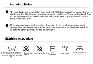 Detail view of clothing care label with washing instructions for Japanese cargo shorts