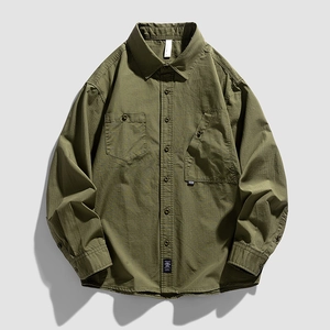 Olive green long sleeve work shirt with double chest pockets and ripstop texture