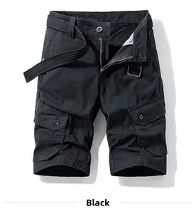 Detailed flat lay of black men's cargo shorts featuring multi-pockets and a woven belt