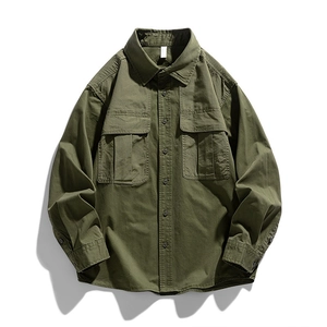Dark green long sleeve work shirt with double chest pockets and button-down collar