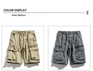 Detailed comparison of khaki and dark grey cargo shorts with large flap pockets