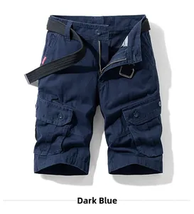 Detail view of dark blue cargo shorts with woven belt and large functional pockets
