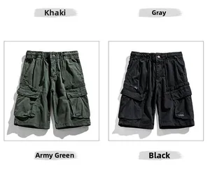 Detail view of cargo shorts showing drawstring elastic waist and side zipper pockets