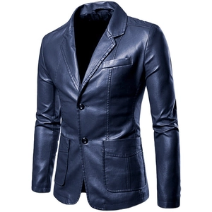 Slim fit men's faux leather blazer in navy blue with classic notched lapels and two buttons