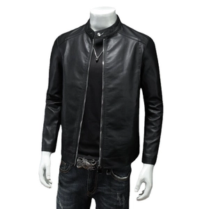 Veste de motard noire pour homme en similicuir coupe ajustée avec col montant et fermeture