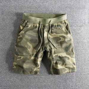 Men Camouflage Cotton Cargo Shorts Elastic Waist Drawstring Casual Outdoor Summer Breathable Straight Leg Short Pants