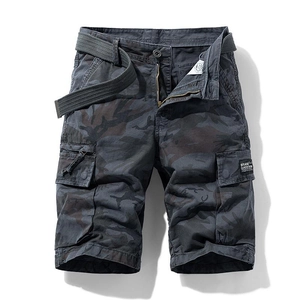 Men's camouflage cargo shorts with side flap pockets and matching woven belt