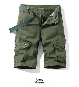 Detail of army green cargo shorts showing durable cotton fabric and woven belt with pockets