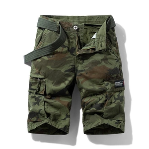 Men's camouflage cargo shorts in forest green pattern with military belt and side pockets
