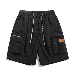 Men's black cargo shorts with elastic drawstring waist and street sports print details