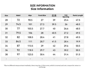 Detailed size chart for men's casual shorts showing waist, hip, and length in cm
