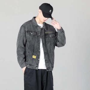 Slim fit men's washed charcoal denim jacket with button pockets and chest lettering