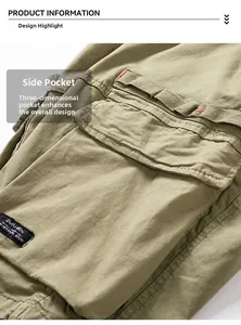 Detail of khaki cargo shorts showing durable canvas fabric and 3D utility side pockets