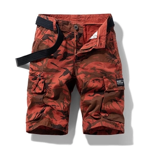 Men's casual cargo shorts featuring a red forest camouflage pattern and black woven belt