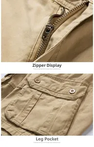 Detail of metal zipper fly and large cargo side pocket with button on khaki cotton pants