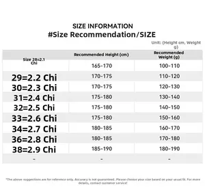 Detailed size chart for men's shorts and cargo pants showing height and weight recommendations