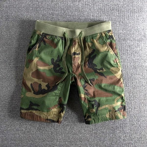 Men's washed cotton camouflage cargo shorts with elastic drawstring waist for summer
