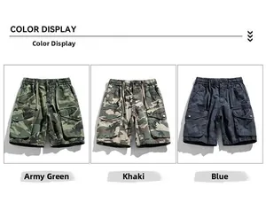 Three-panel color display of men's camouflage cargo shorts in green, khaki and navy