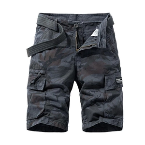 Mens dark camouflage cargo shorts with woven belt and multiple utility pockets