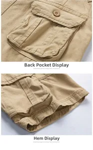 Detail of khaki cargo shorts showing the buttoned back pocket and durable double stitching