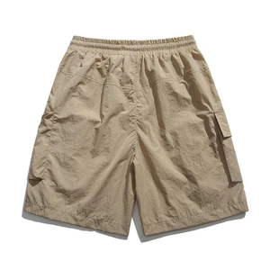 Men's summer khaki cargo shorts with elastic waist and side flap pockets for outdoor wear