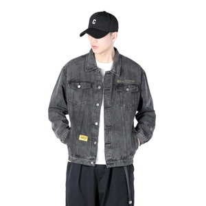 Classic slim fit grey washed denim jacket for men featuring chest pockets and embroidery