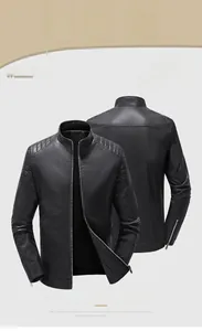 Détail de veste en cuir pour homme avec col montant et textures côtelées aux épaules