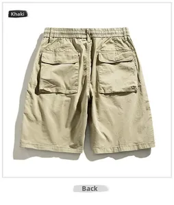 Rear view of khaki cargo shorts showing elastic waist and large back utility pockets