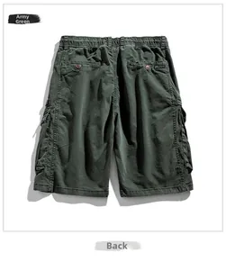 Back view of army green men's cotton cargo shorts with elastic waist and pockets