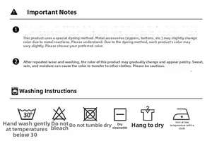 Care guide for camouflage shorts with washing symbols and maintenance instructions