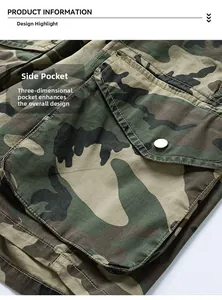 Close-up of the 3D side cargo pocket with silver button on camouflage pants