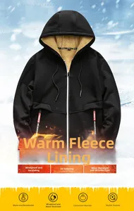 Detail of men's thermal hooded jacket with soft beige fleece lining and zip-up design