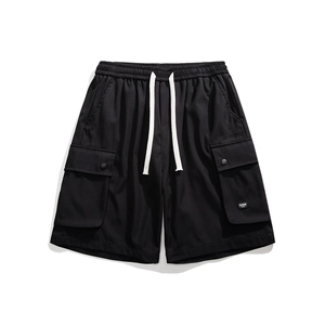 Men's black cargo shorts with elastic drawstring waist and side flap utility pockets