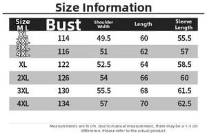 Detailed size chart for men leather motorcycle jacket featuring measurements from M to 4XL