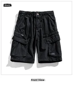 Front view of black cargo shorts with utility pockets and drawstring elastic waist