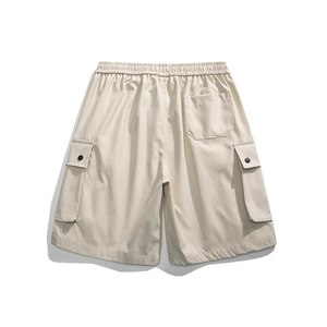 Men's cargo shorts in khaki with drawstring waist and large rear flap pockets